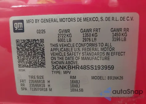 2025 Chevrolet Blazer Awd 2Lt z USA, uszkodzony, nr VIN 3GNKBHR48SS193959